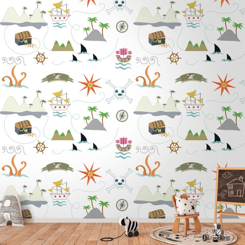 Profhome - Photo Wallpaper 391921 Hot Embossed Non-woven Wallpaper Smooth With Pattern For Kids Matt Cream Grey Green Orange 1.59 M X 2.8 M