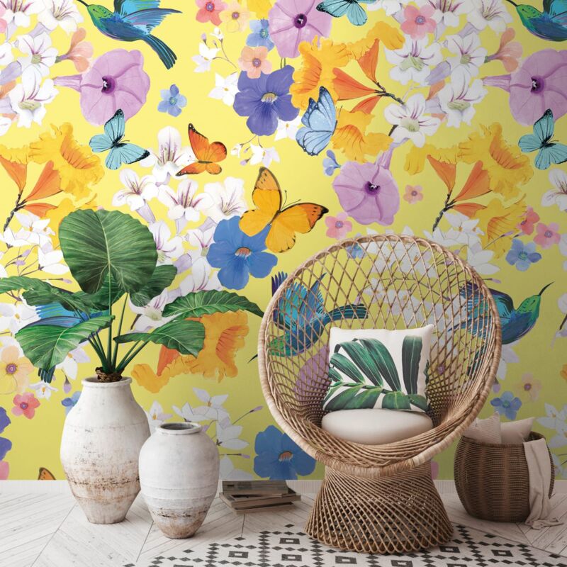 Profhome - Photo Wallpaper 391971 Hot Embossed Non-woven Wallpaper Smooth With Floral Pattern Matt Yellow Blue White Purple 1.59 M X 2.8 M