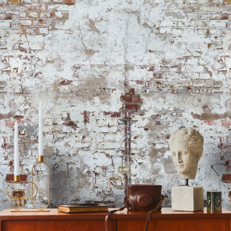 Profhome - Photo Wallpaper 392381 Hot Embossed Non-woven Wallpaper Smooth Brick Look Matt White Cream Grey Brown 1.59 M X 2.8 M