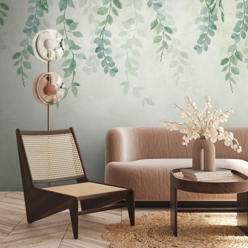 Photo Wallpaper Profhome 399071 Hot Embossed Non-woven Wallpaper Smooth With Floral Ornaments Matt Green Blue Cream 3.71 M X 2.8 M