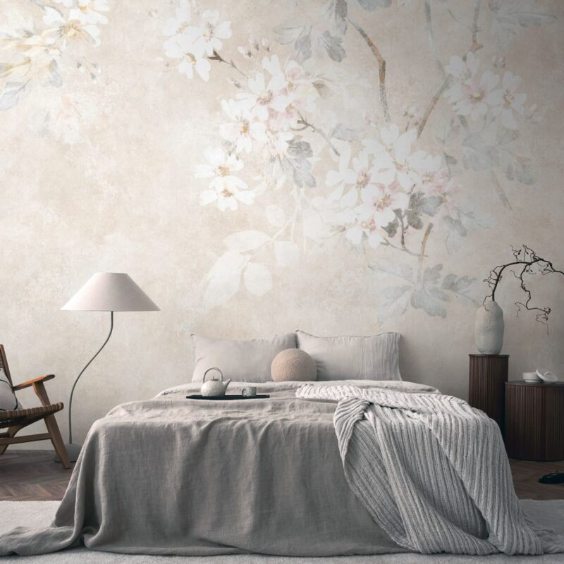 Photo Wallpaper Profhome 399191 Hot Embossed Non-woven Wallpaper Smooth With Floral Pattern Matt Beige Cream Grey White 3.71 M X 2.8 M