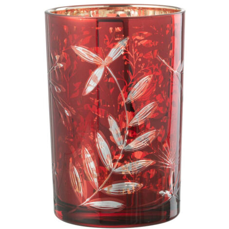 Photophore Déco en Verre "Feuilles" 18cm Rouge