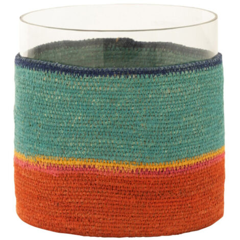 Photophore Déco Jonc de Mer "Desire" 20cm Turquoise & Orange