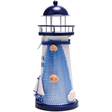 Photophore en Forme de Phare 18 cm - Petite Lanterne en métal - Décoration Maritime - Bougeoir pour Table, Chambre à Coucher ou Salon - Bleu et Blanc