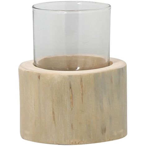 Photophore en verre avec base en teck