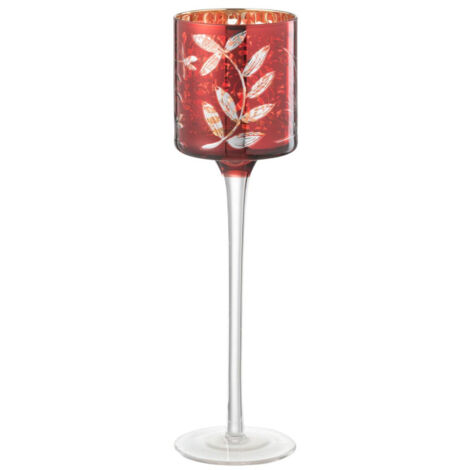 Photophore sur Pied en Verre "Feuilles" 25cm Rouge