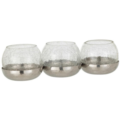Photophore Verre Craquelé "3 Boules" 27cm Argent