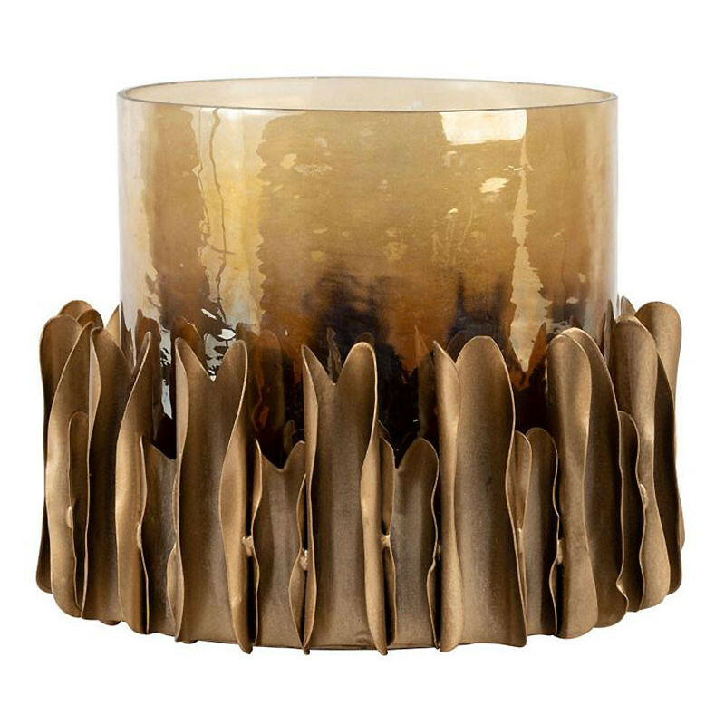 Photophore verre fer ambre doré 14x15cm