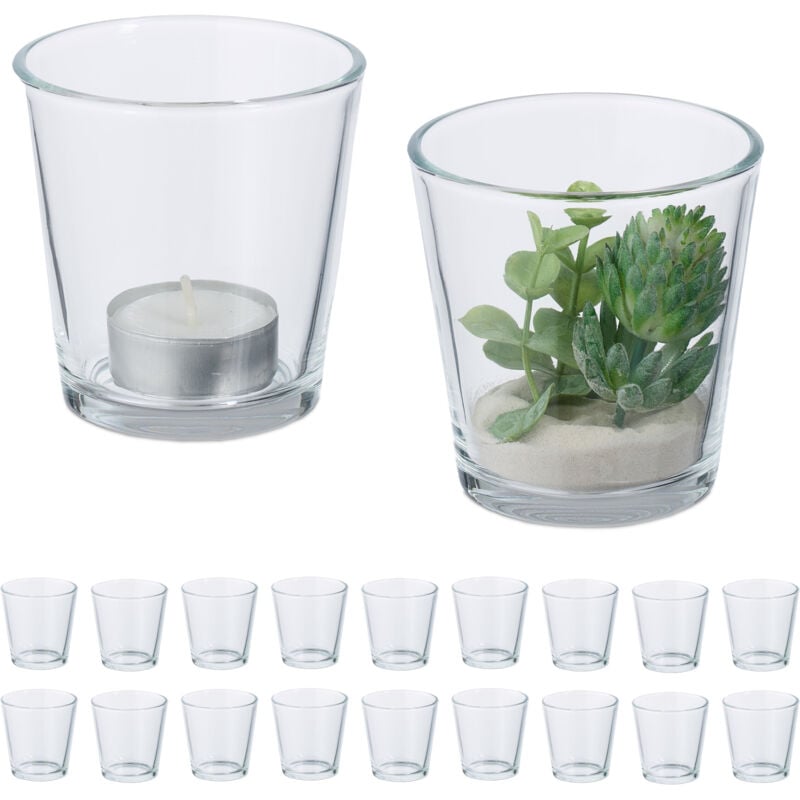 Relaxdays - Photophores en verre, lot de 20, HxD : 7,5 x 7,5 cm, décoration de table, porte-bougies, transparents