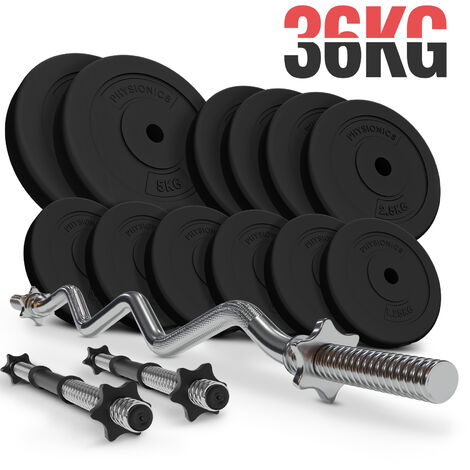 Physionics® Barres avec Disques de Poids (36 kg) - Curl Barre EZ (120 cm / Ø 30 mm), 2 Barres d'Haltères et Disques de Poids Revêtus en Plastique (Ø 31 mm) - Gym, Fitness, Musculation