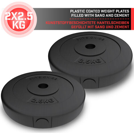 Physionics® Disques de Poids - Set de 2 x 2,5 kg, Ø 31 mm, avec Revêtement en Plastique - Plaques de Poids pour Haltères, Fitness, Musculation
