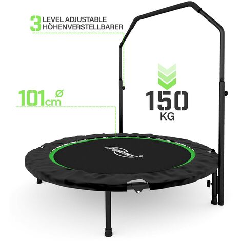 Physionics® Fitness Trampolin - Ø 101 cm, höhenverstellbarer Haltegriff, bis 150 kg, klappbar, Schwarz/Grün - Mini-Trampolin, Aerobic Trampolin für Erwachsene und Kinder, Indoor, Jumping, Rebounder