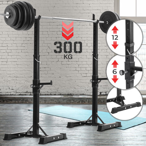 Physionics® Langhantelablage - bis 300 kg, Zwei Ablagen, 12/6 fach verstellbar, rutschfeste Standbeine, Rahmen: Stahl - Hantelablage, Hantelständer, Kniebeugenständer, Squat-Rack, Langhantelständer