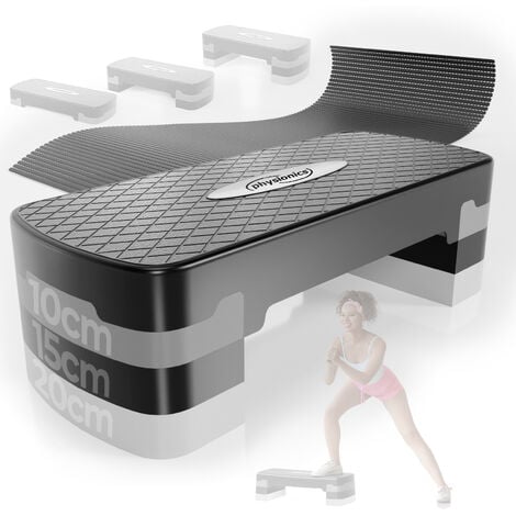 ECOMSOF Physionics® Stepper Fitness Casa - Altura Ajustable, 3 Niveles (10/15/20 cm), Antideslizante - Step Fitness, Banco Step Multifunción, Plataforma, Estep, Tabla Aerobic, Exercise, Stepper Bench, Cardio