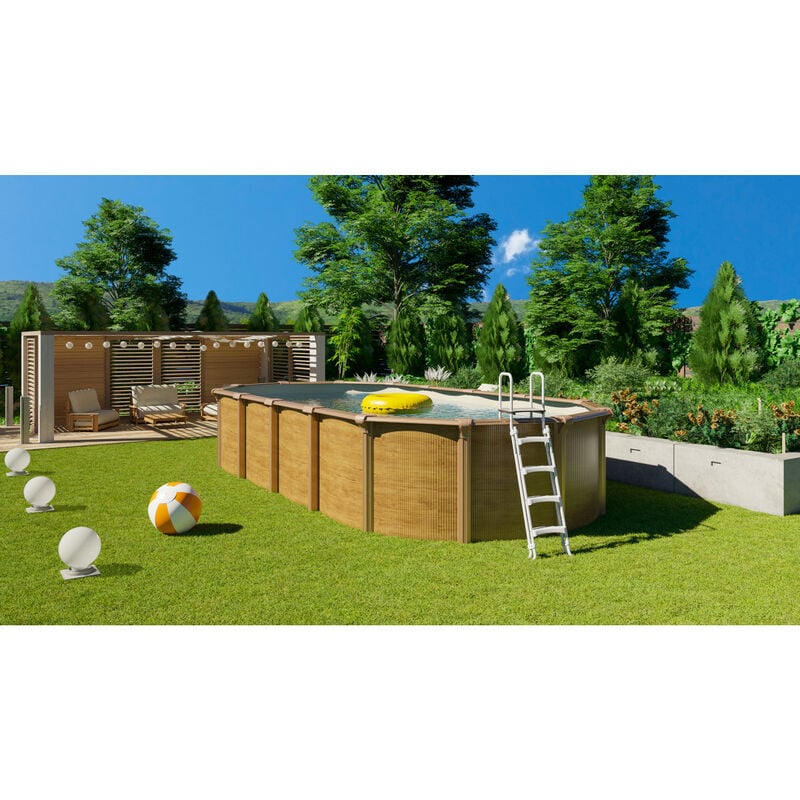 Piscina fuori terra in metallo effetto legno di 6,40 x 3,95 x 1,32 m - pi9525 - trigano jardin