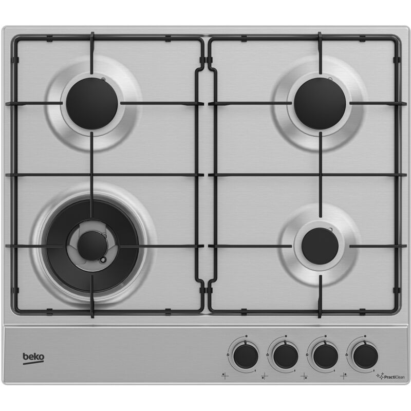 Beko - HIAW64224SXE: Piano a Gas con PractiClean, 3 Bruciatori + 1 Wok, 60 cm. Colore del prodotto: Acciaio inox, Posizionamento dell'apparecchio: Da