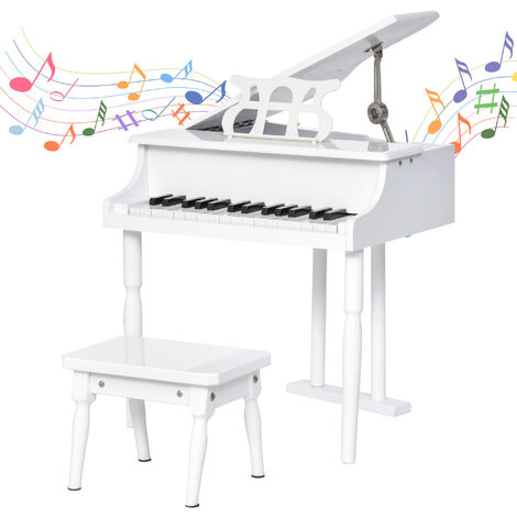 Piano de Cola Infantil de MDF con 30 Teclas Taburete y Atril de Partituras Piano para Niños Instrumento Musical Didáctico 52x50x49 cm