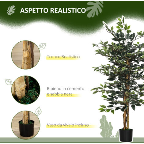 Pianta artificiale di Ficus da 137 cm con foglie realistiche, albero finto in vaso per decorazione di interni, casa e ufficio, verde.