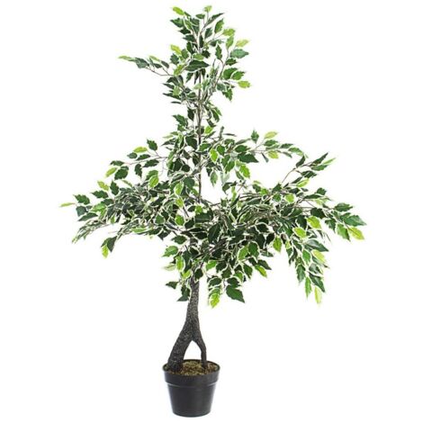Pianta artificiale "Ficus" con foglie in tessuto, tronco in legno, vaso in plastica -120h cm