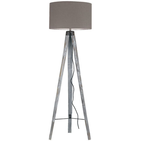 "Piantana GALLERY con struttura in legno e paralume in tessuto grigio"