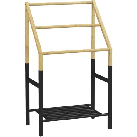Piantana Portasciugamani da Bagno da Terra 3 Barre e Ripiano Inferiore 51x31x85,5 cm in Bambù e Acciaio Nero