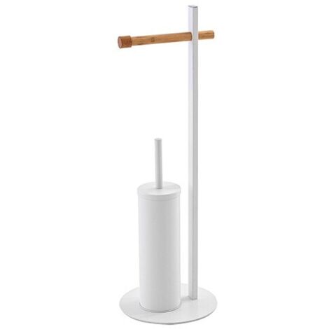 Piantana portascopino bianca con portarotolo in bamboo L22xH67xP22 cm Feridras