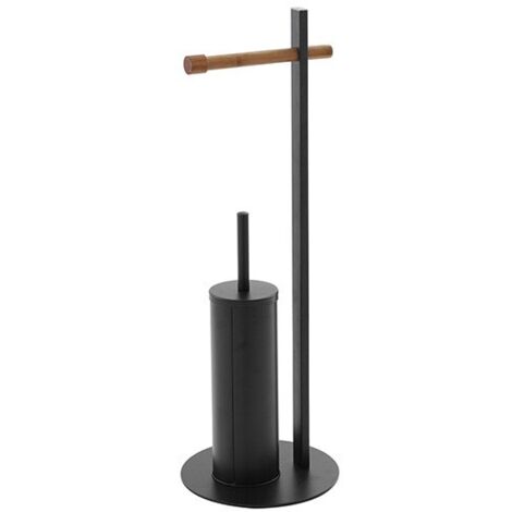 Piantana portascopino nera con portarotolo in bamboo L22xH67xP22 cm Feridras