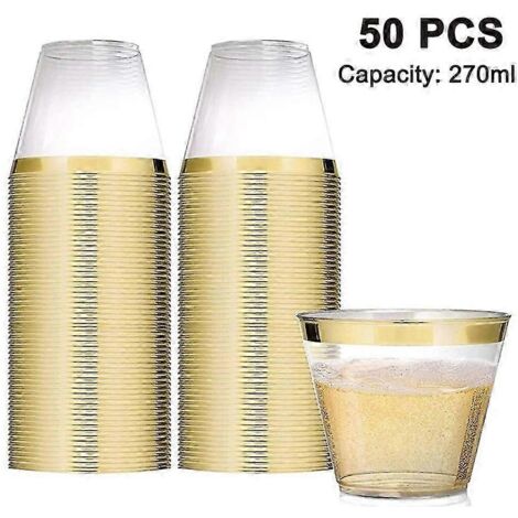 PIAO Lot de 50 verres à cocktail en plastique de 26 cl, gobelets transparents à bord résistant, jetables, pour mariages, anniversaires et fêtes. Bord doré.