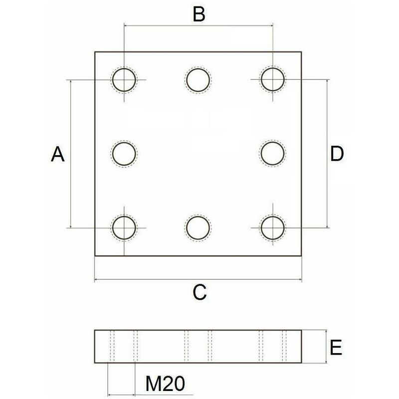 Piastra a saldare 200x200, numero 8 fori, M20