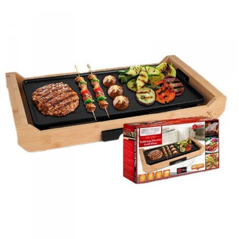 Piastra Grill Elettrica 2200W Rivestimento Antiaderente con Termostato Regolabile e Raccoglitore di Grasso Rimovibile 43x23cm Finitura Bambu