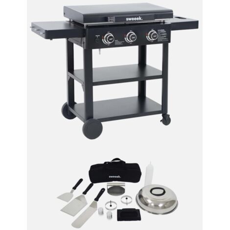 Piastra plancha a gas a 3 bruciatori con carrello e utensili