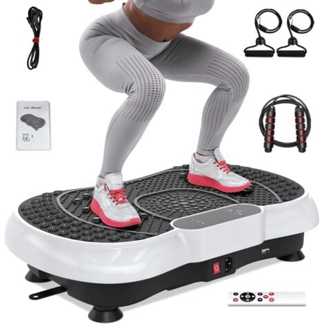 Piattaforma vibrante bianca con telecomando, allenamento muscolare, controllo automatico della velocità, Bluetooth integrato, corda per saltare, coulisse - BIGZZIA