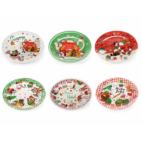 Piatti natalizi in porcellana con decorazioni e scritte festive set 6 pezzi assortiti