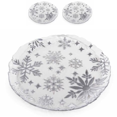 Piatti natalizi tondi in vetro con decori argentati a fiocco di neve - Set 2 pezzi Ø32,5 cm