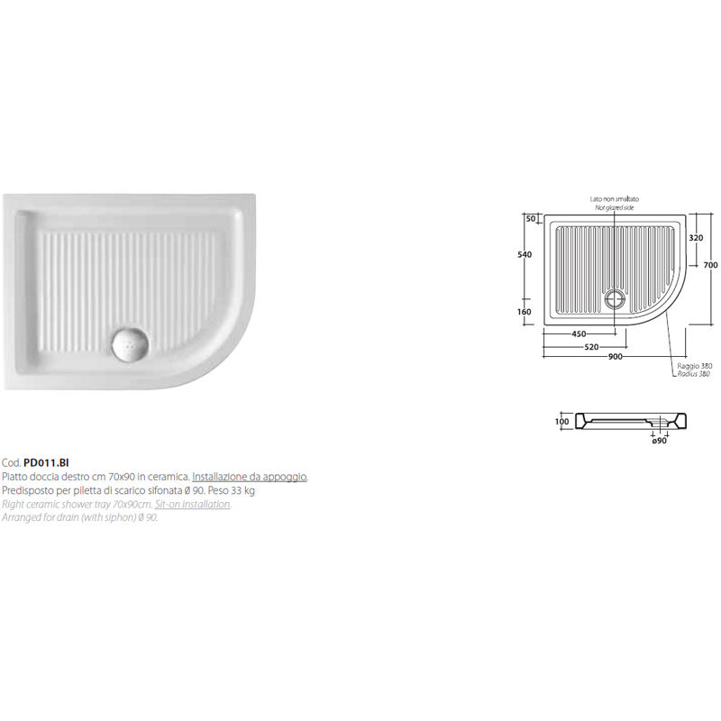 Piatto Doccia Globo 70x90.Piatto Doccia 70x90 Angolare Destro Mod Plano Ceramica Globo Pd011 Bi