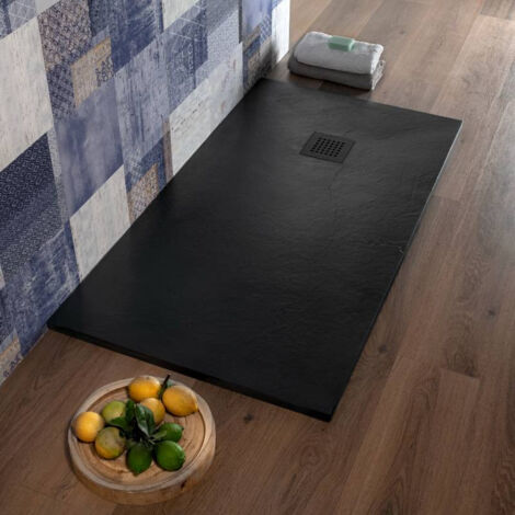 Piatto Doccia 80x100 cm in Resina Tagliabile Antracite Ultraslim Effetto Pietra  Blan