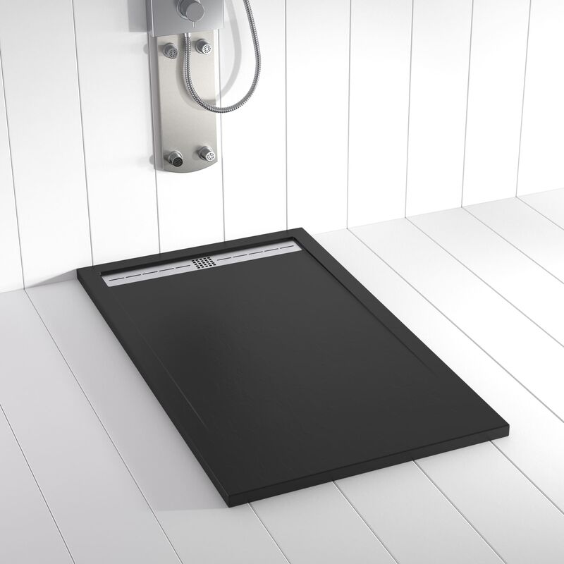 Piatto doccia in Resina flow Nero antiscivolo - 70x80 cm - Griglia + Valvola gratis