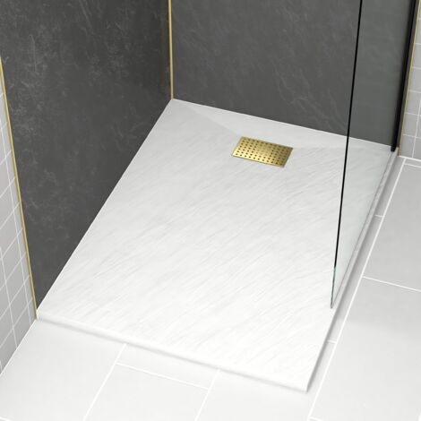 Piatto Doccia Bianco Effetto Pietra 90x120 cm e Griglia motivo Perforato Oro Spazzolato