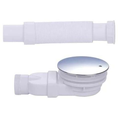 Piatto doccia cromato con sifone extra piatto e piletta da 90 mm, sifone di scarico laterale con sistema antiodore, filtro per capelli, tubo flessibile, copertura cromata, bianco, monoblocco