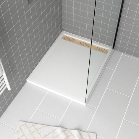 Piatto doccia in acrilico bianco 80x100x4 cm + griglie lineari cromo e oro spazzolato - WHITENESS II