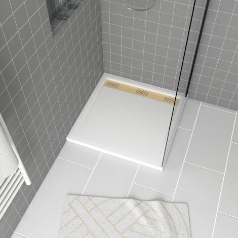 Piatto doccia in acrilico bianco 80x80x4 cm + griglie lineari cromo e oro spazzolato - WHITENESS II