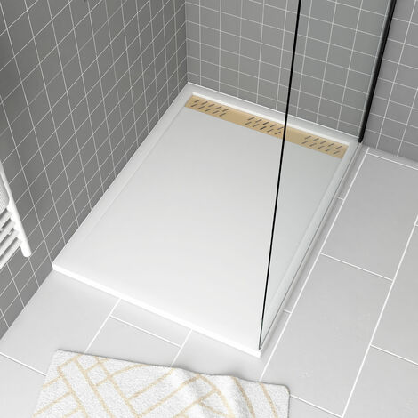 Piatto doccia in acrilico bianco 90x120x4 cm + griglie lineari cromo e oro spazzolato - WHITENESS II