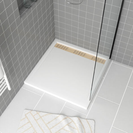 Piatto doccia in acrilico bianco 90x90x4 cm + griglie lineari cromo e oro spazzolato - WHITENESS II
