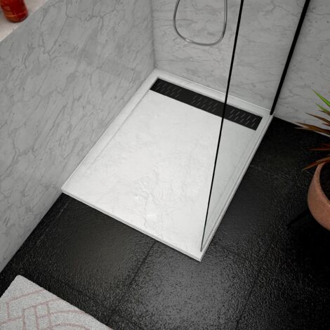 Piatto Doccia in Acrilico Bianco Effetto Pietra 80x100x4 cm + Griglia Lineari Cromata + Nera- MOON