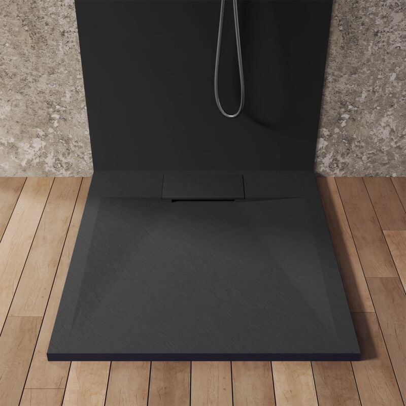 Receveur de douche carré 80x80 en smc Effet Pierre Couleur Noir Antidérapant et Réductible Hauteur 3,2cm Mod. Cosmos