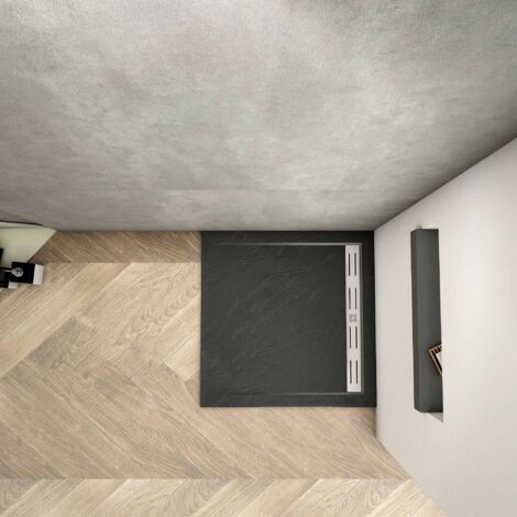 Piatto Doccia Quadrato Ultra Sottile 3cm In Pietra Vulcanica e Resina Mista Finitura Pietra Nera Ruvida Con Scarico Piletta 76x76 cm