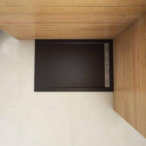 Piatto Doccia Rettangolare 90x110cm in Pietra Vulcanica e Resina Mista Finitura Pietra Nera Ruvida Ultraslim 3 cm