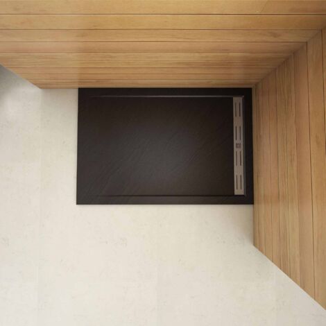 Piatto Doccia Rettangolare 90x140cm in Pietra Vulcanica e Resina Mista Finitura Pietra Nera Ruvida Ultraslim 3 cm