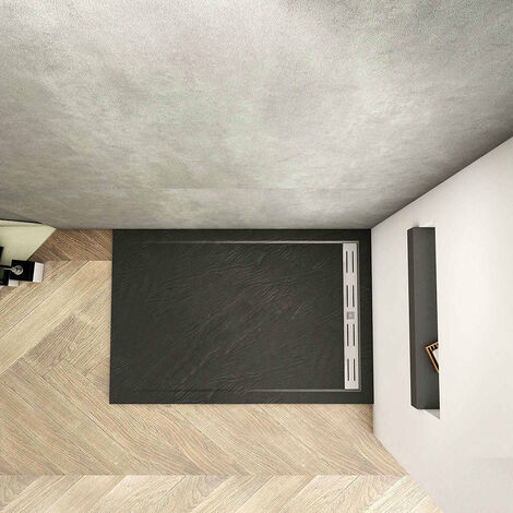 Piatto Doccia Rettangolare Ultra Sottile 3cm In Pietra Vulcanica e Resina Mista Finitura Pietra Nera Ruvida Con Scarico Piletta 100x70 cm