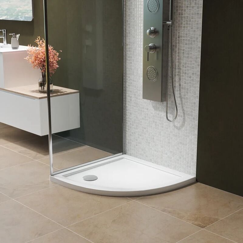 Receveur de douche semi-circulaire 80x80 cm Blanc brillant bordé d'acrylique renforcé Hauteur 4cm Mod. Asteios